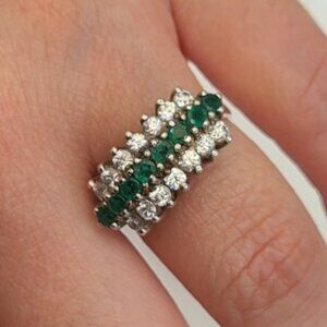 Vintage Boho 3 Row Crystal Natural Emerald Sterling Silver 925 Cocktail Ring 6.2